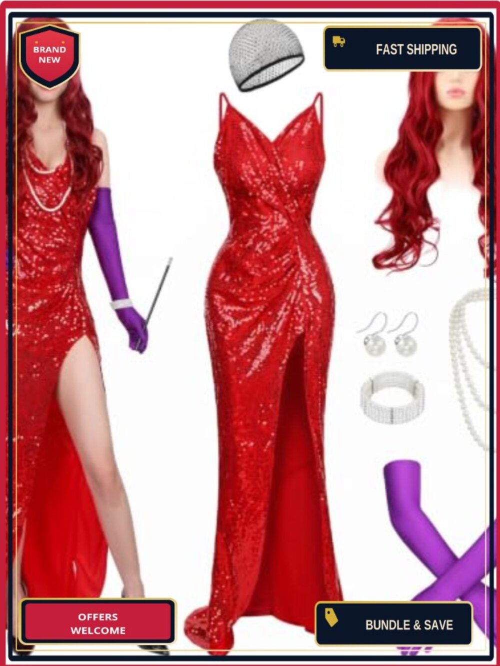 Xaatren 8 Pc Rabbit Costume Set Sequin Dress, Wig, Accessories